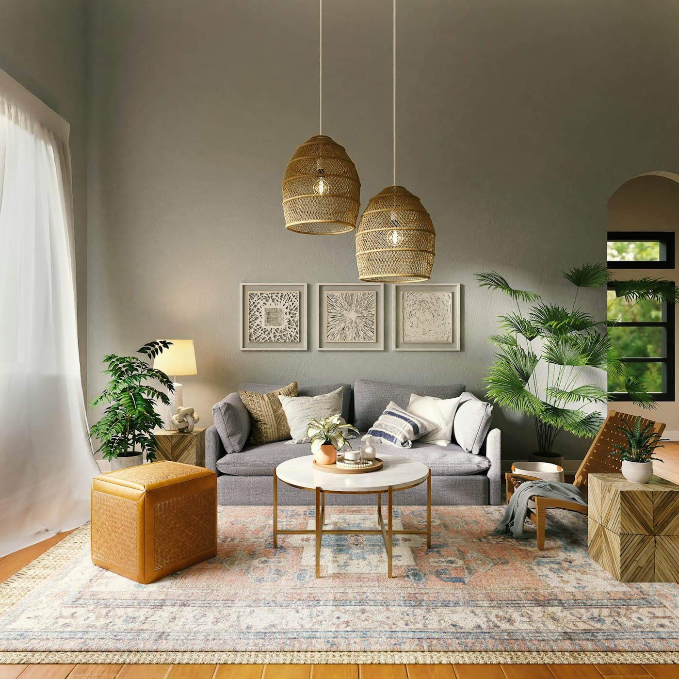 Styled living room with rattan pendants and a neutral sofa