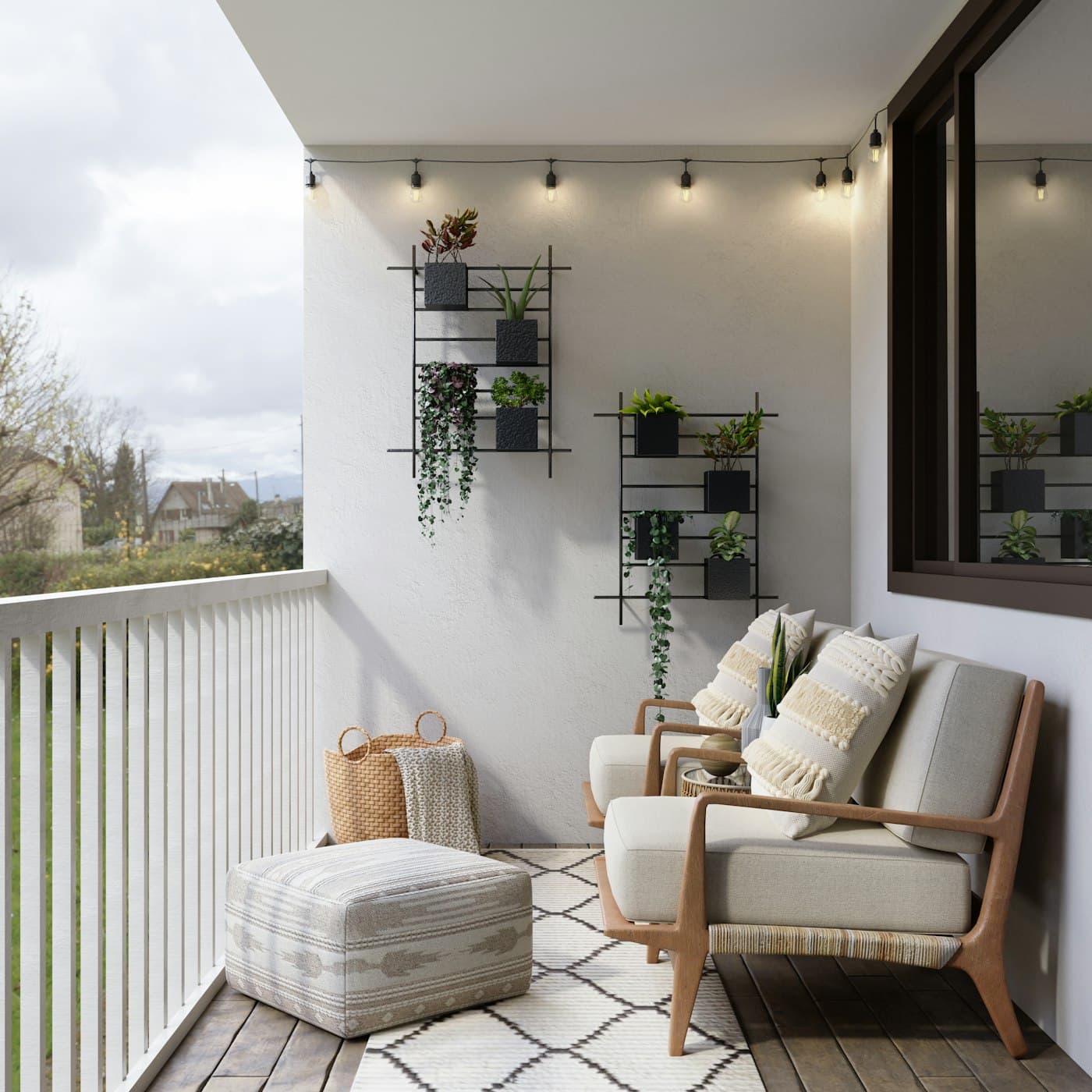 Balcony seating with an oak-framed lounge chair and pouf