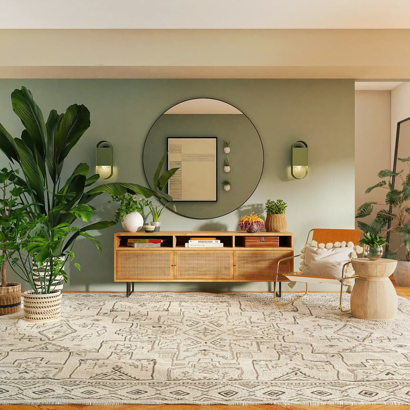 Sage-green living room with an oak sideboard and round mirror