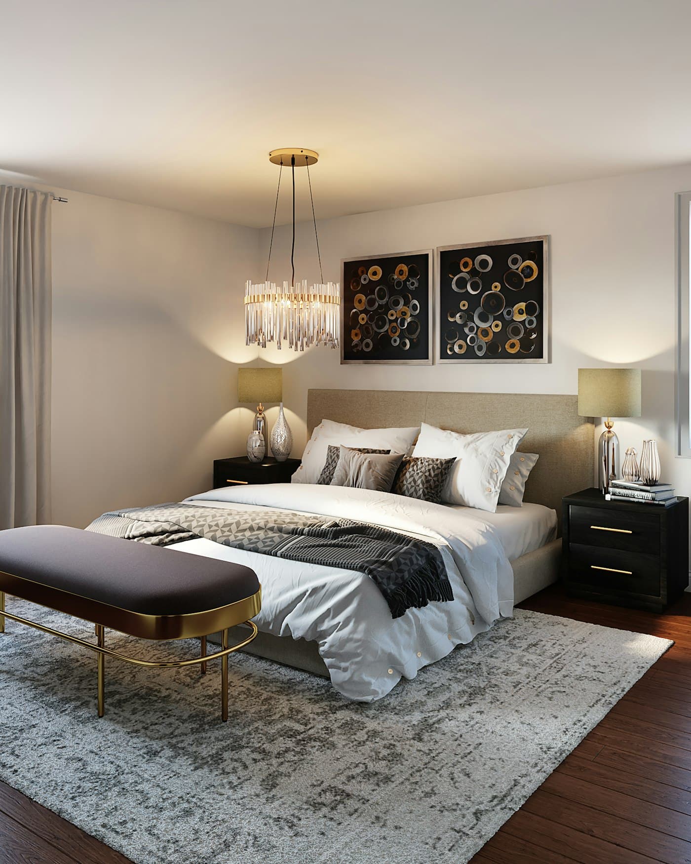 Layered bedroom with an upholstered bench at the foot of the bed