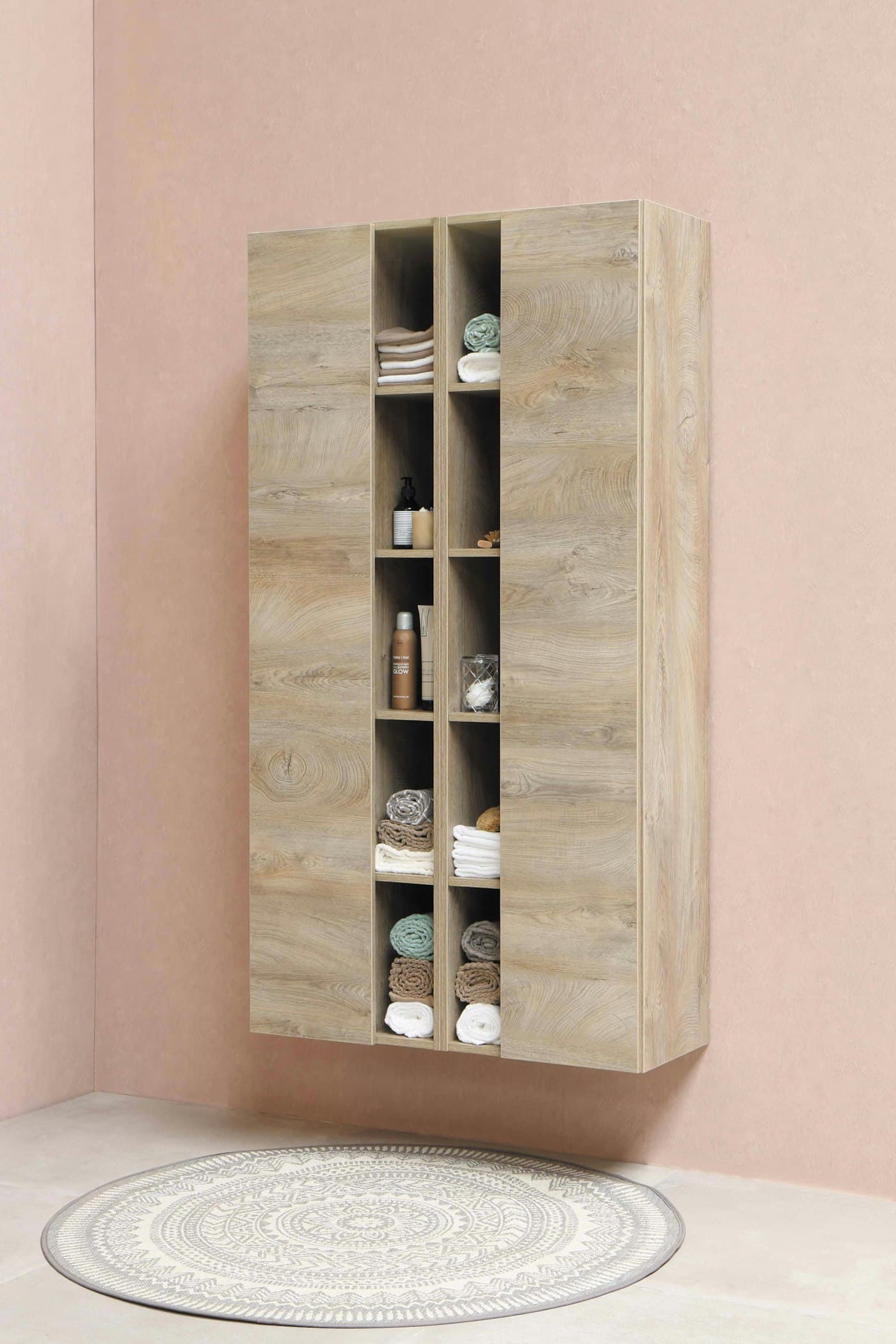 Tall limed oak wall cabinet with open shelves and cupboard doors