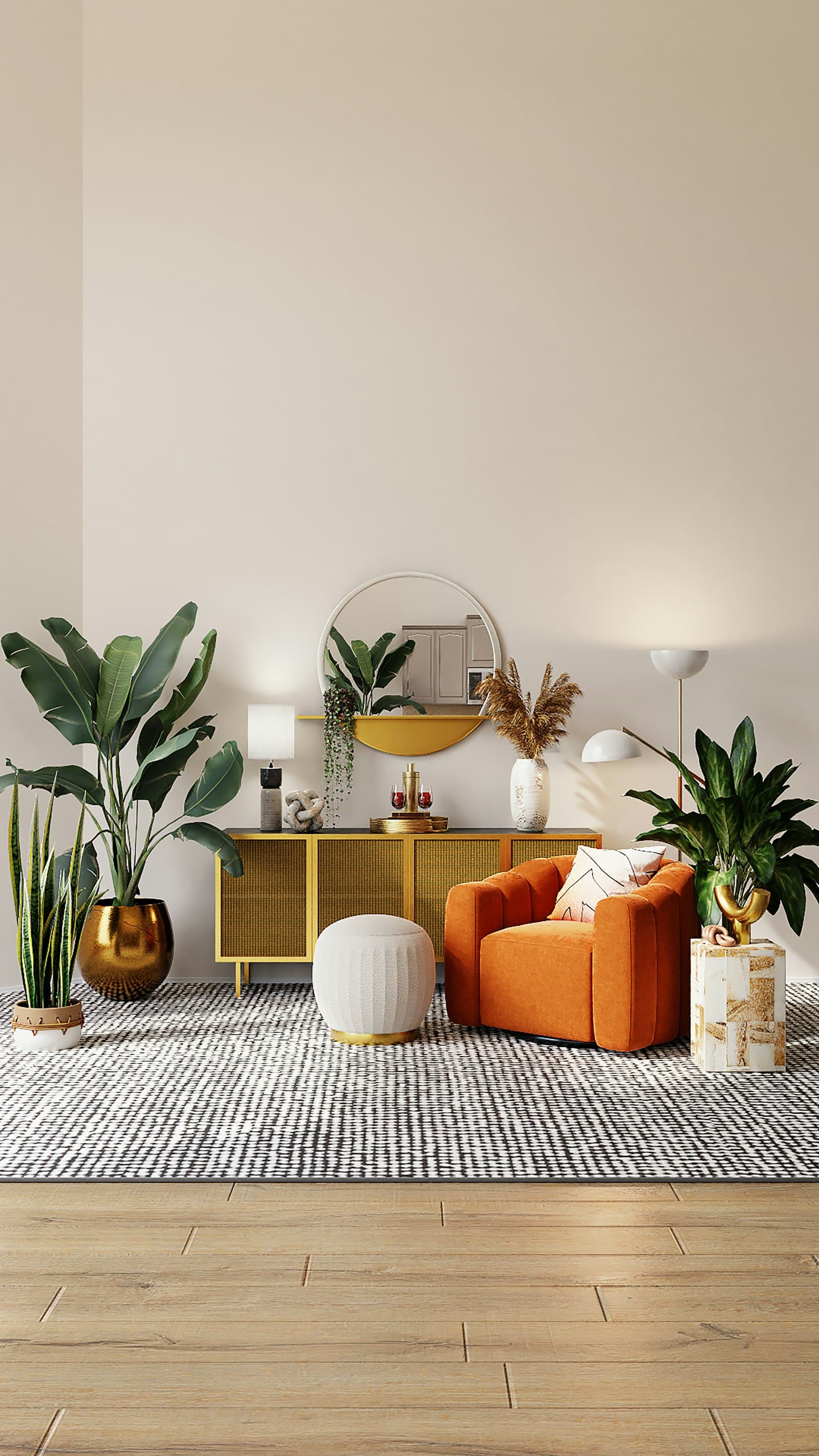 Calm interior with a wooden sideboard, ceramics and an orange accent chair
