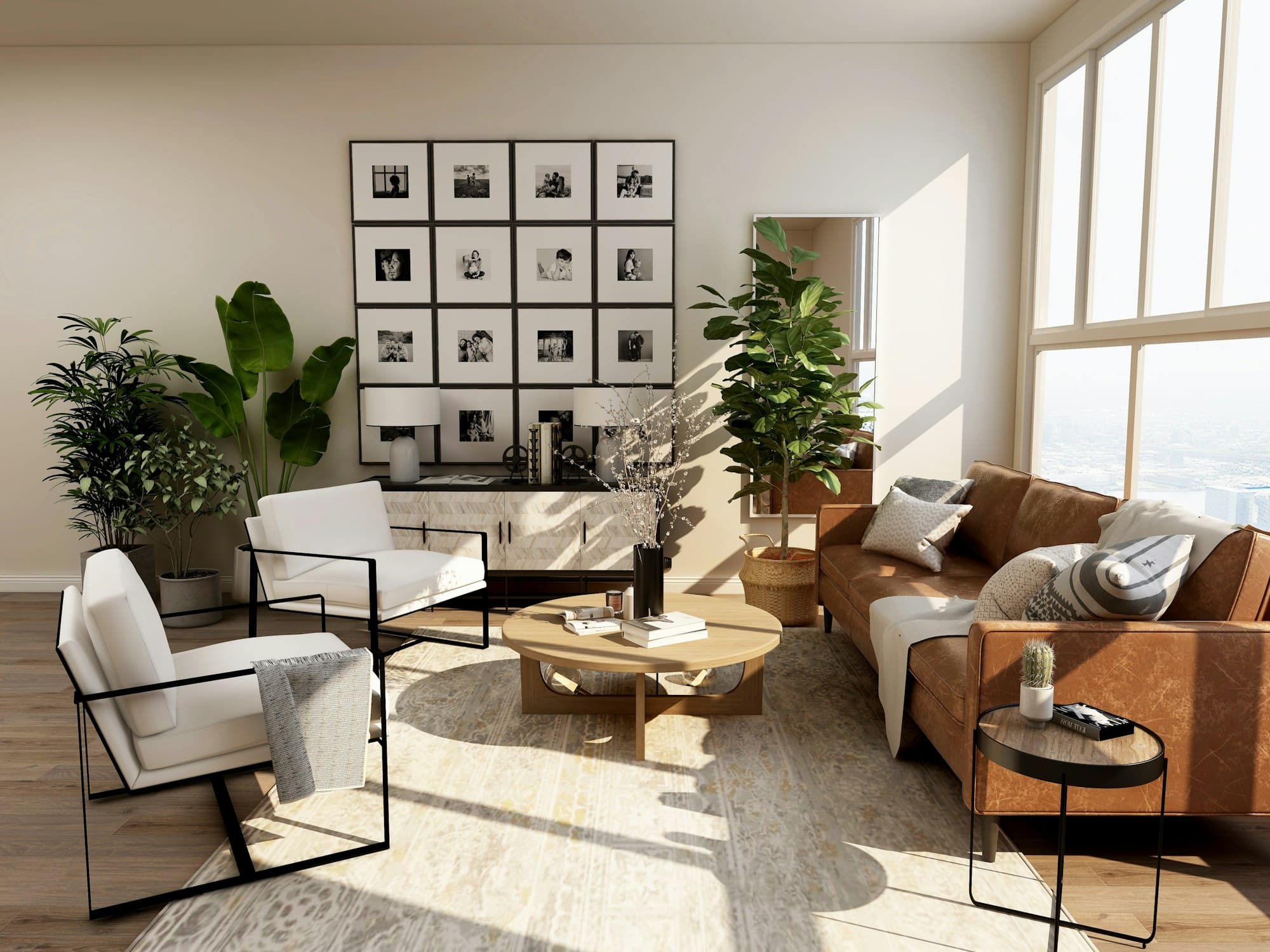 Sunlit living room with a leather sofa, rattan accents and a low wooden coffee table