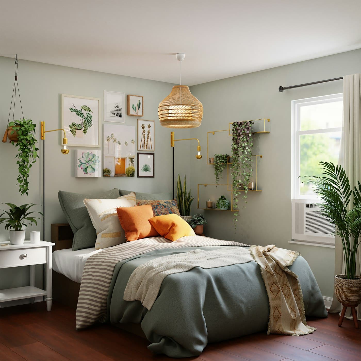 Bedroom with layered linen bedding, plants and a hanging rattan lamp