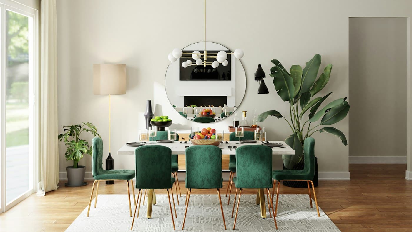 Dining room with green upholstered chairs around a white table