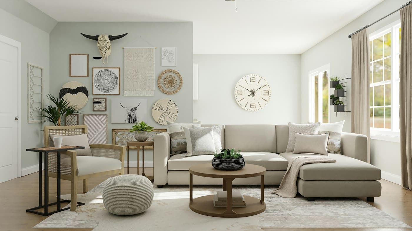 Bright living room with a cream sofa, round wooden coffee table and woven pouf